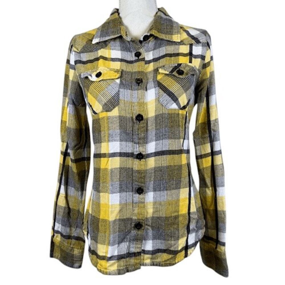 O'Neill Women's Cotton Flannel Shirt Yellow Black Roll‎ Cuff Pockets Size Large